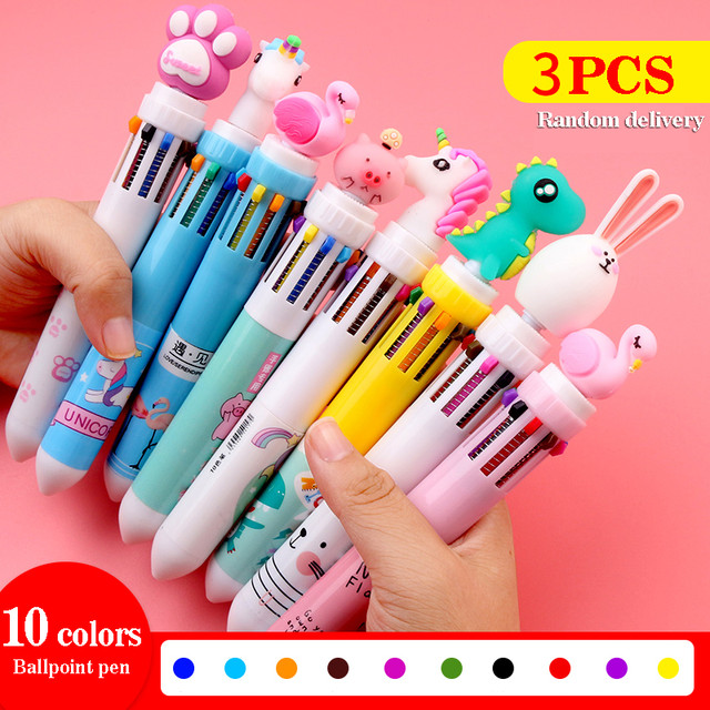 3PC push type ten-color ball pen multi-color all-in-one cute girl creative color  pen hand account special pen stationery rainbow - AliExpress